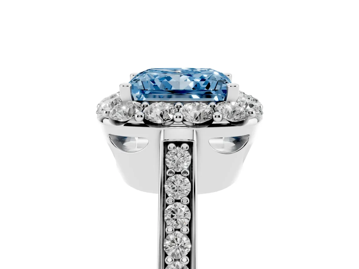 Fancy Blue Princess Cut Diamond Floral Halo Ring with Pavé Band and Prong Setting Silver