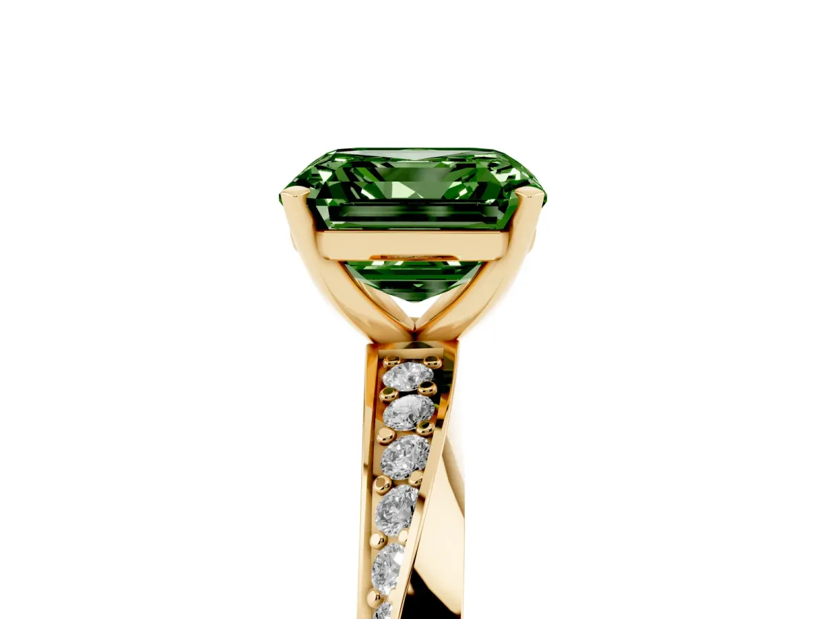Fancy Green Asscher Cut Diamond Engagement Ring with Side Stone Accents and Four-Prong Setting Yellow gold