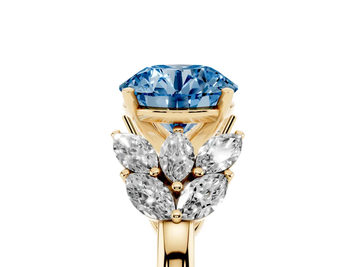 Fancy Blue Round Cut Diamond Cluster Leaf Design Ring with Prong Setting Yellow gold