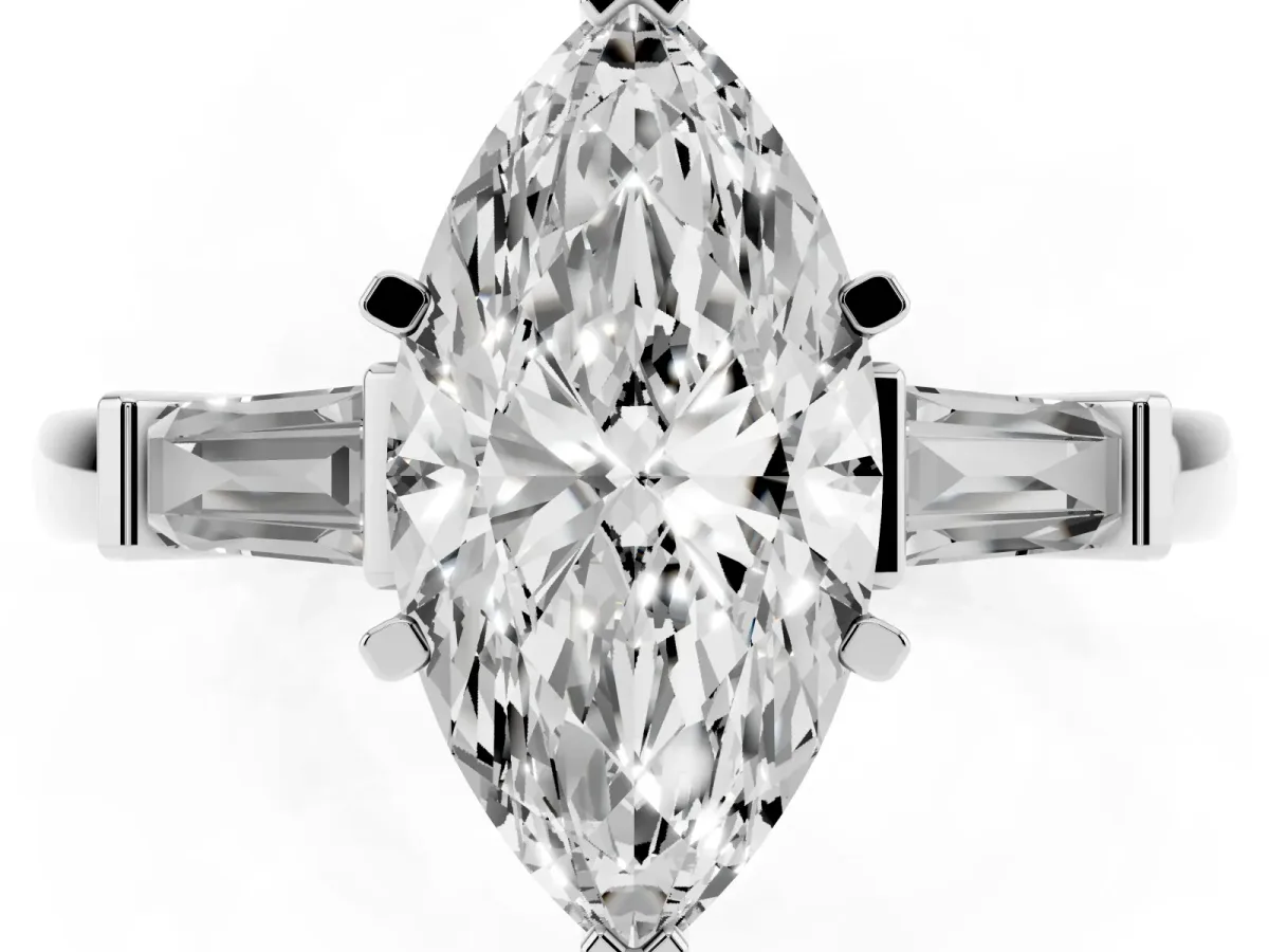 Marquise Cut Cut Diamond Solitaire Ring with Tapered Baguette Accents and Four-Prong Setting Platinum