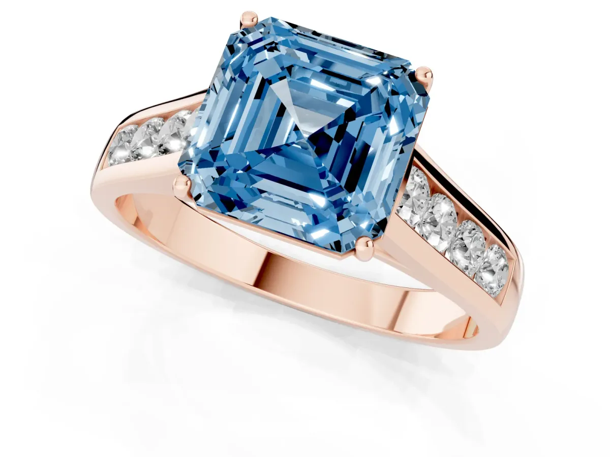 Fancy Blue Asscher Cut Brilliant Channel-Set Solitaire Ring with Four-Prong Setting Rose gold