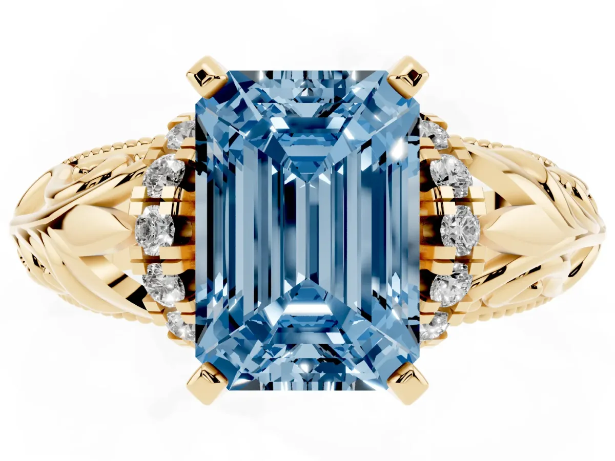 Fancy Blue Emerald Cut Solitaire Filigree Engagement Ring with Halo and Prong Setting Yellow gold