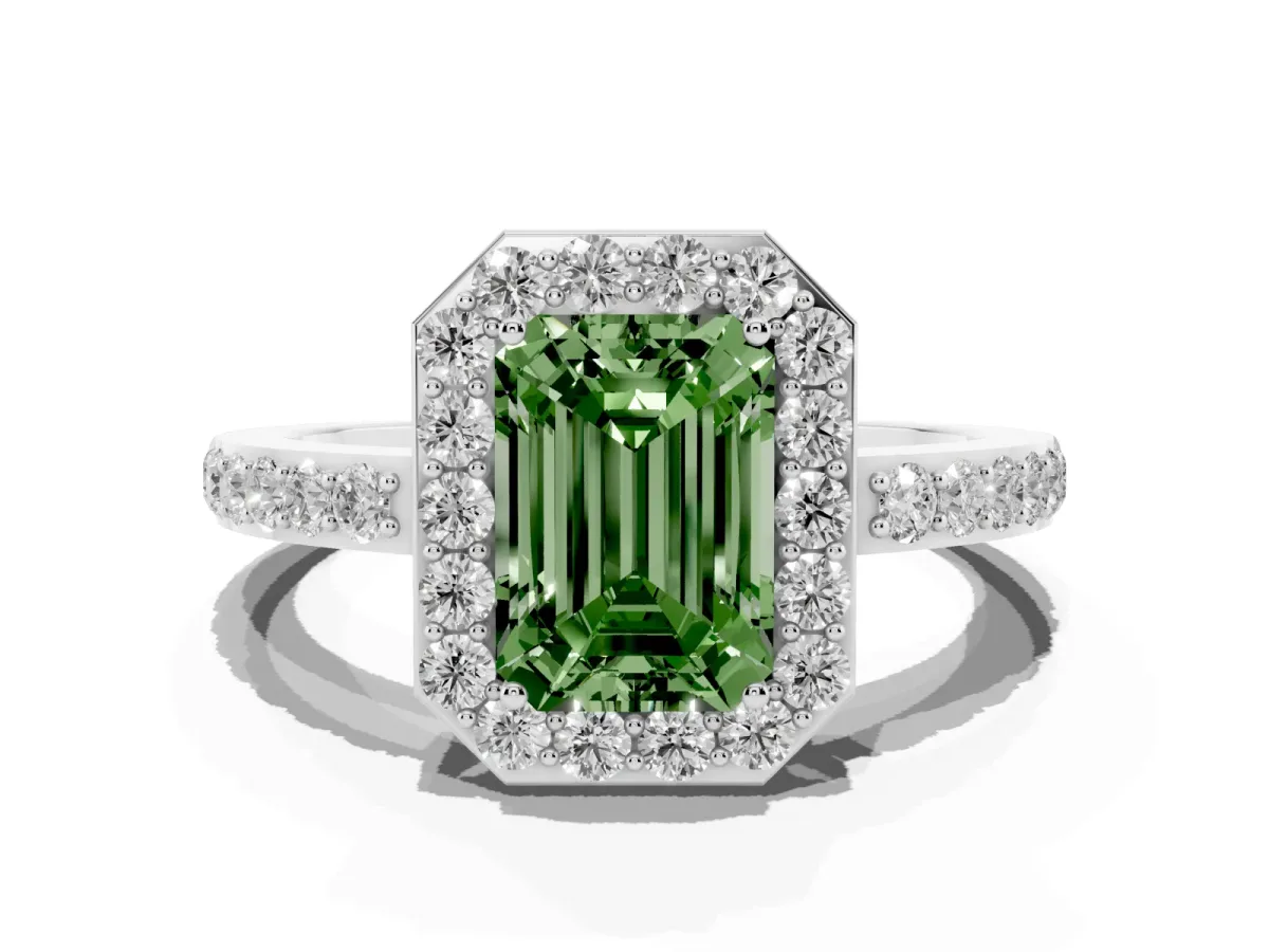 Fancy Green Emerald Cut Halo Diamond Pavé Band Ring with Prong Setting Silver