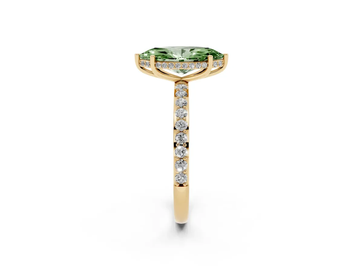 Fancy Green Marquise Cut Diamond Solitaire Ring with Pavé Band and Hidden Halo Yellow gold