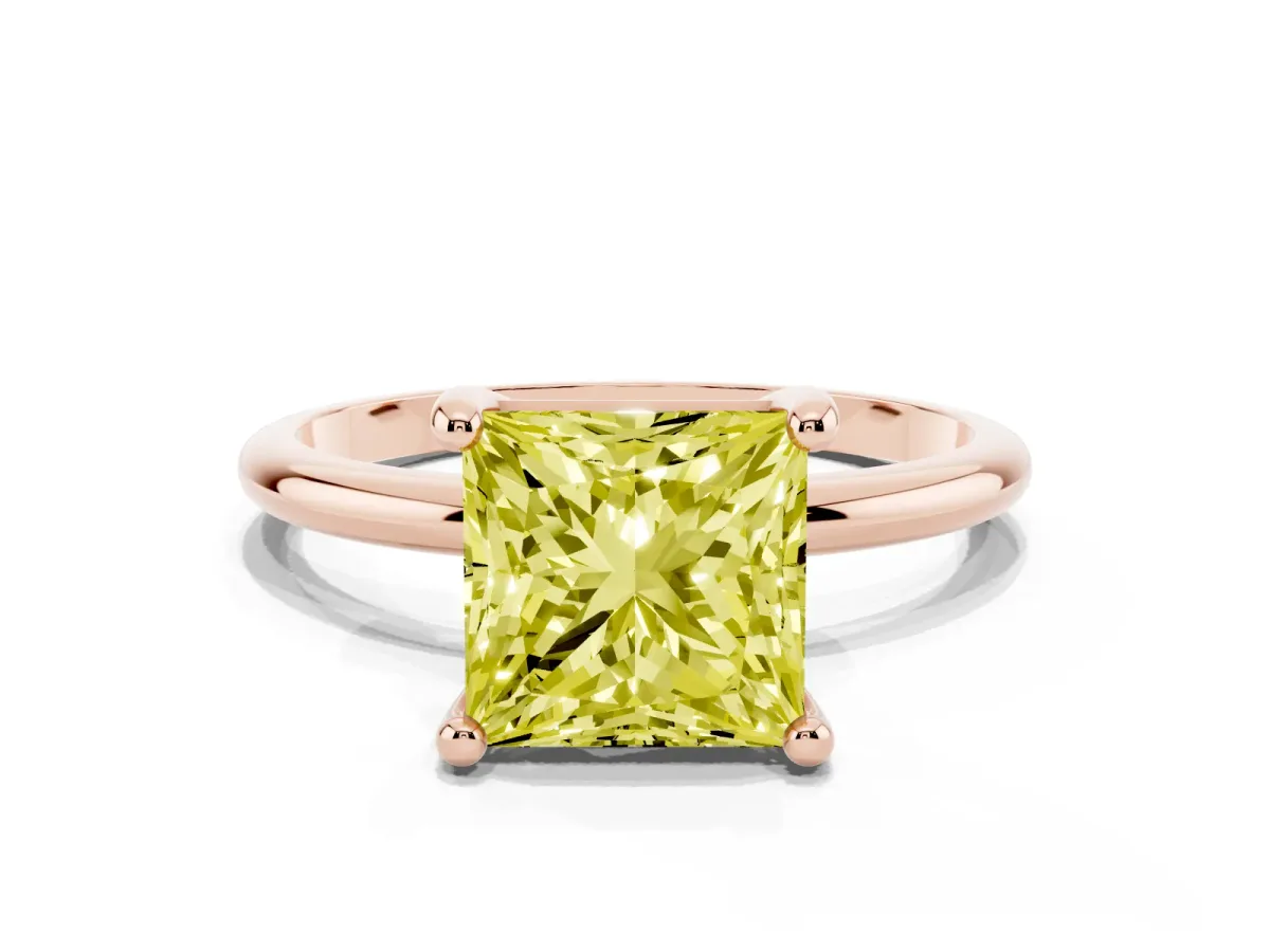 Fancy Yellow Princess Cut Solitaire Diamond Ring with 4-Prong Setting on a Classic Band Rose gold