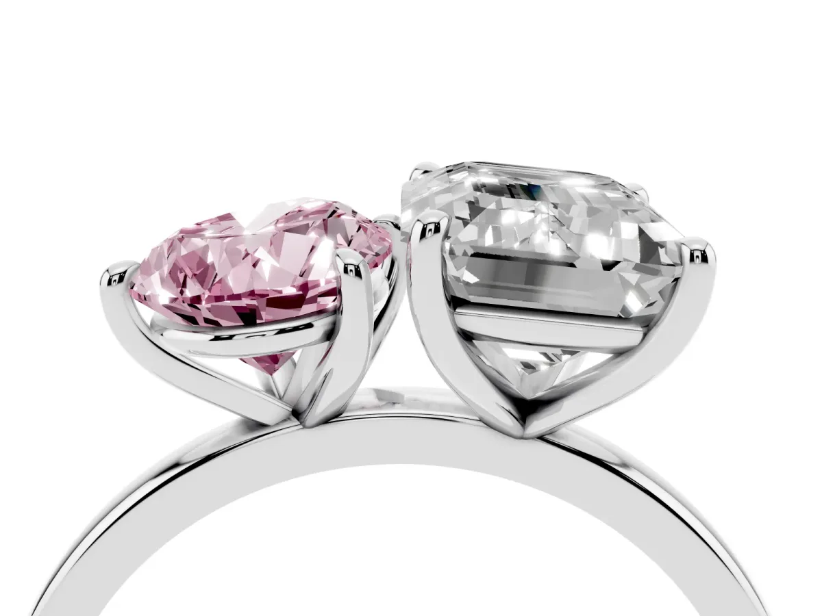 Fancy Pink Pear Cut and Emerald Cut Toi Moi Ring with Prong Setting Platinum