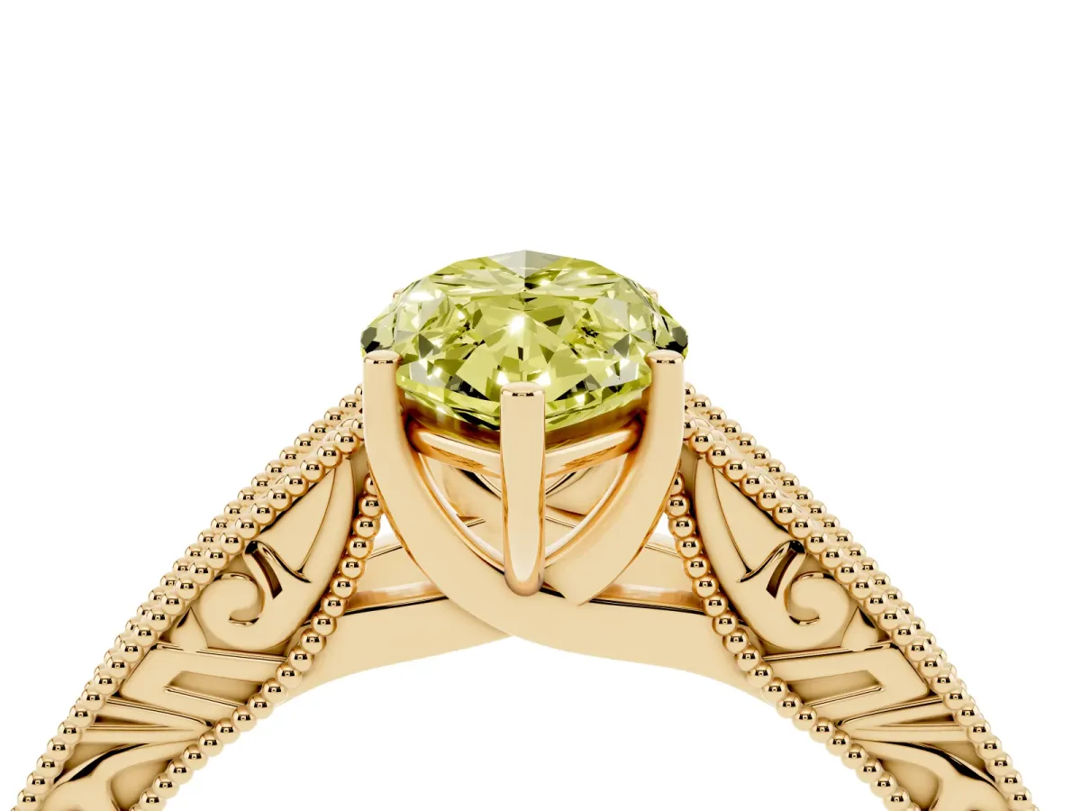 Fancy Yellow Marquise Cut Diamond Solitaire Ring with Engraved Band and Four-Prong Setting Yellow gold