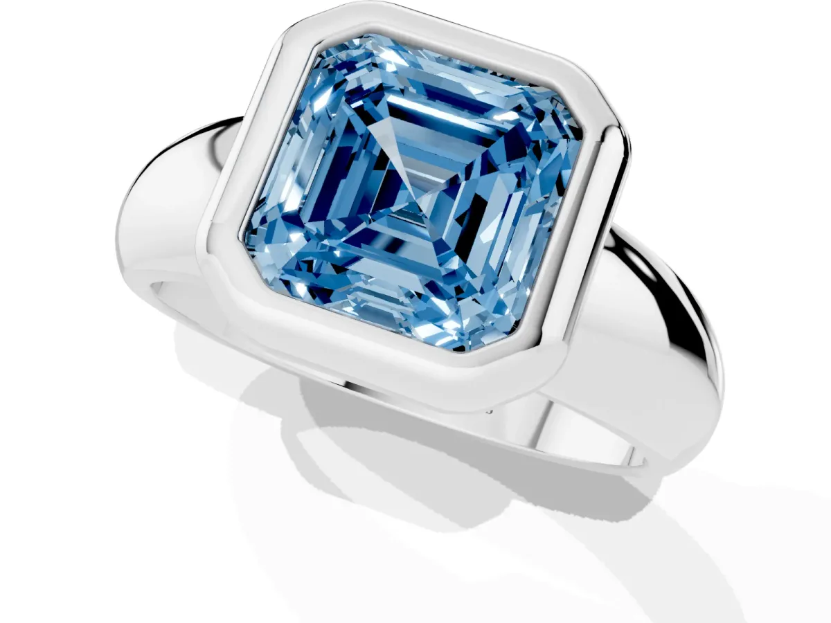 Fancy Blue Bezel Set Asscher Cut Solitaire Ring with Wide Band Silver