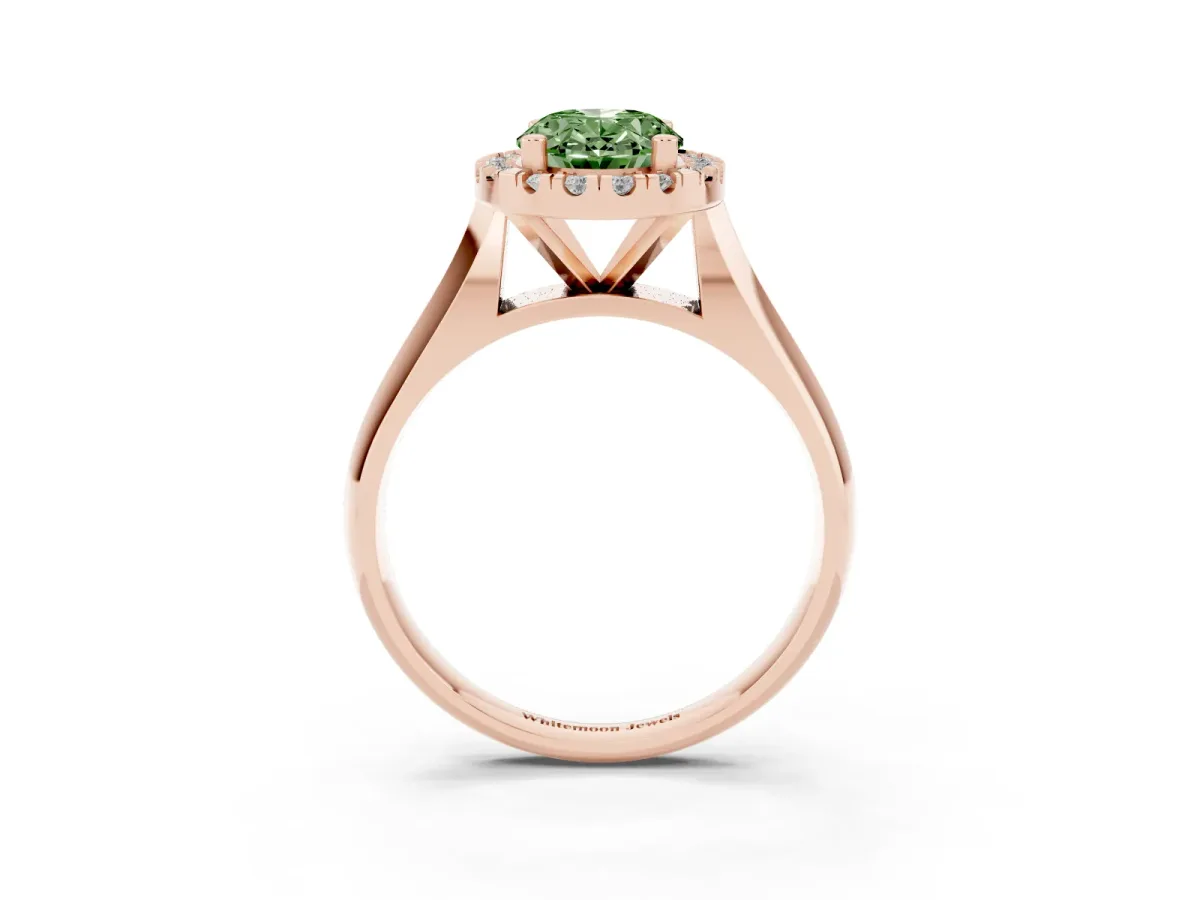 Fancy Green Oval Cut Cut Halo Solitaire Engagement Ring with Square Band and Four-Prong Setting Rose gold