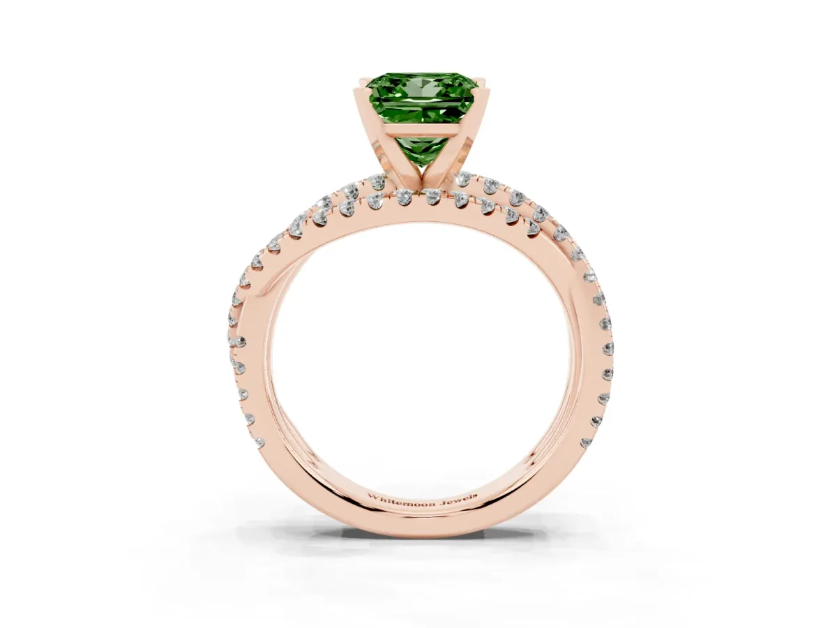 Fancy Green Princess Cut Solitaire Twist Band with Pavé Setting and Four-Prong Setting Rose gold