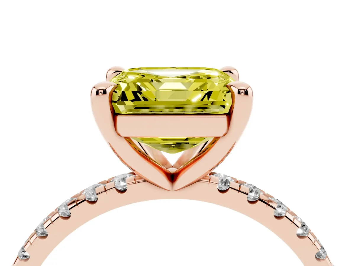 Fancy Yellow Asscher Cut Diamond Brilliant Solitaire Ring with Pavé Band and Four-Prong Setting Rose gold