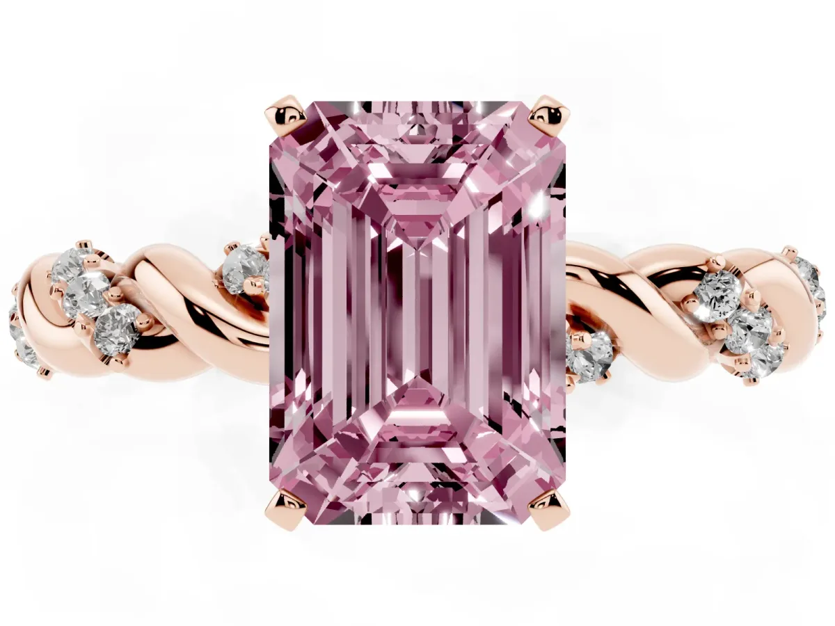Fancy Pink Emerald Cut Diamond Solitaire Ring with Twisted Band and Pavé Accents Rose gold