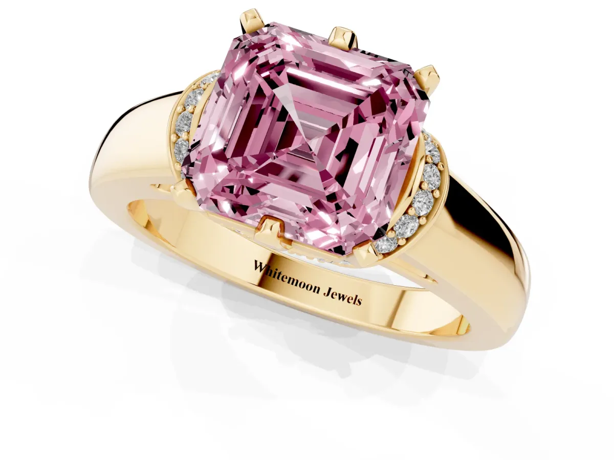 Fancy Pink Asscher Cut Solitaire Diamond Ring with Pave Band and Six-Prong Setting Yellow gold