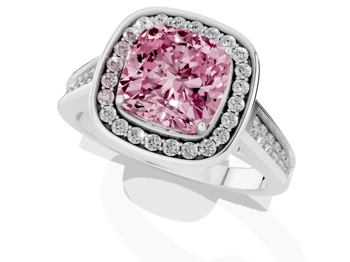 Fancy Pink Cushion Cut Halo Solitaire Diamond Ring with Pave Band and Bezel Setting Platinum