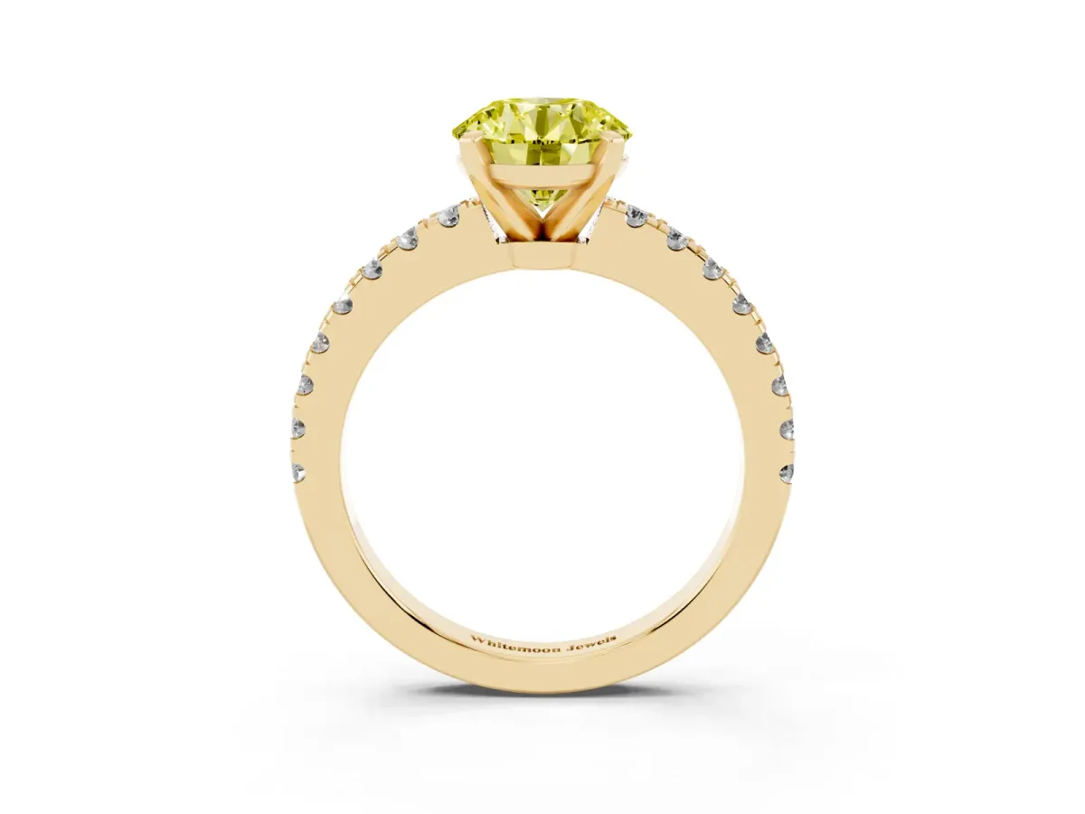 Fancy Yellow Round Cut Solitaire Diamond with Pavé Band and Four-Prong Setting Yellow gold