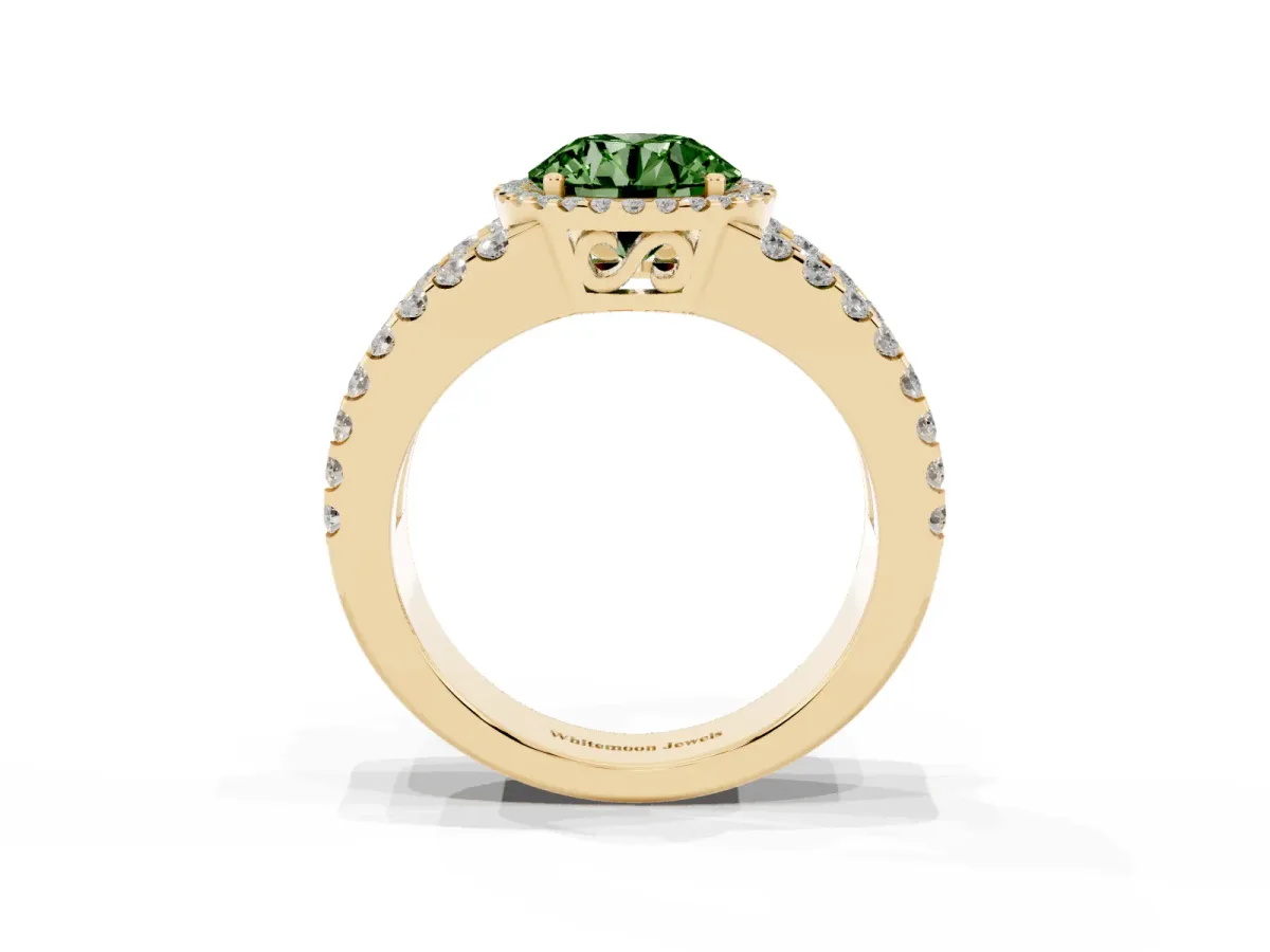 Fancy Green Round Cut Cut Halo Split Shank Diamond Ring with Four-Prong Setting Yellow gold