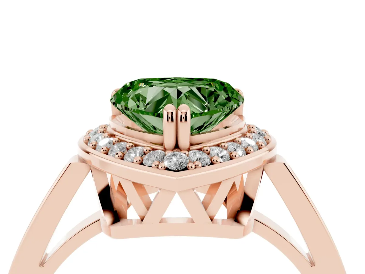Fancy Green Heart Cut Diamond Halo Ring with Split Shank and Four-Prong Setting Rose gold
