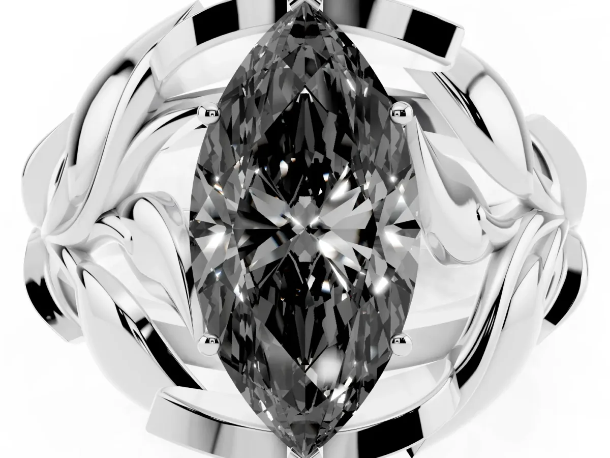 Fancy Black Marquise Cut Diamond Leaf-Inspired Engagement Ring with Round Accents and Prong Setting Silver