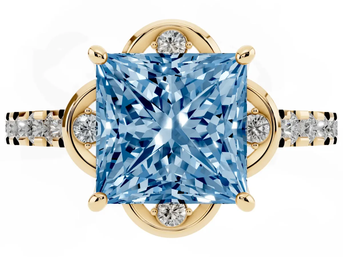 Fancy Blue Princess Cut Diamond Ring with Pavé Band and Floral Prong Setting Yellow gold