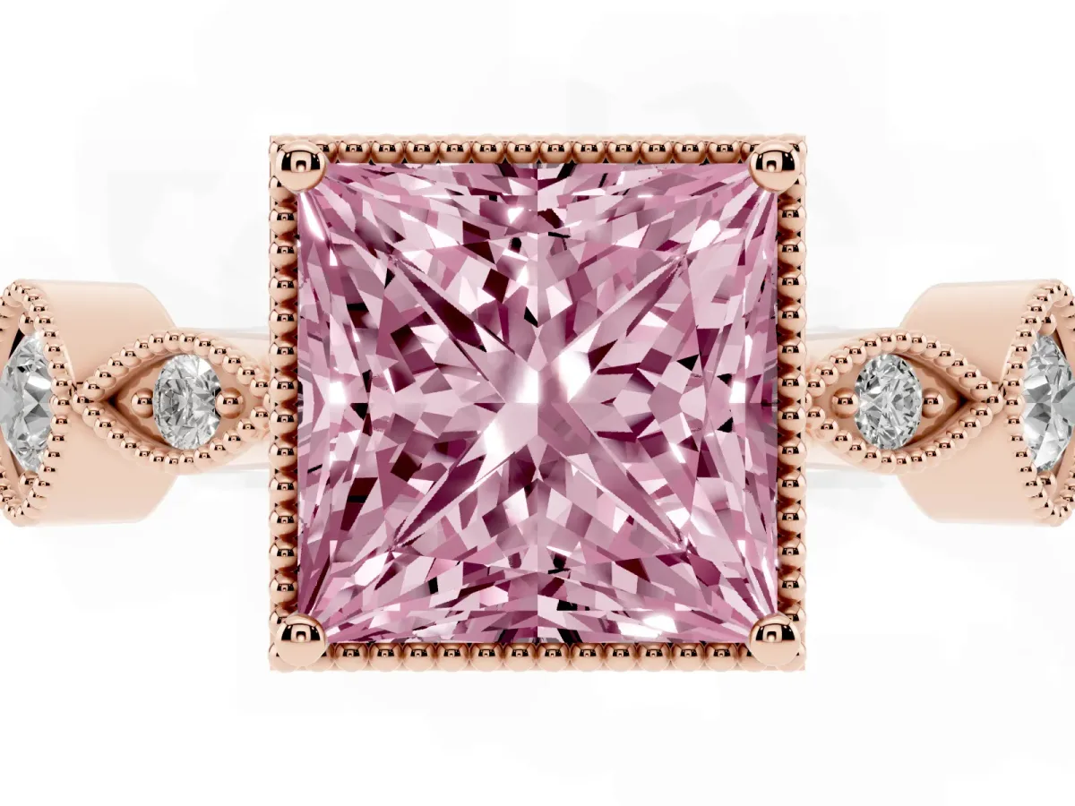 Fancy Pink Princess Cut Diamond Vintage Milgrain Ring with Round Stations Rose gold