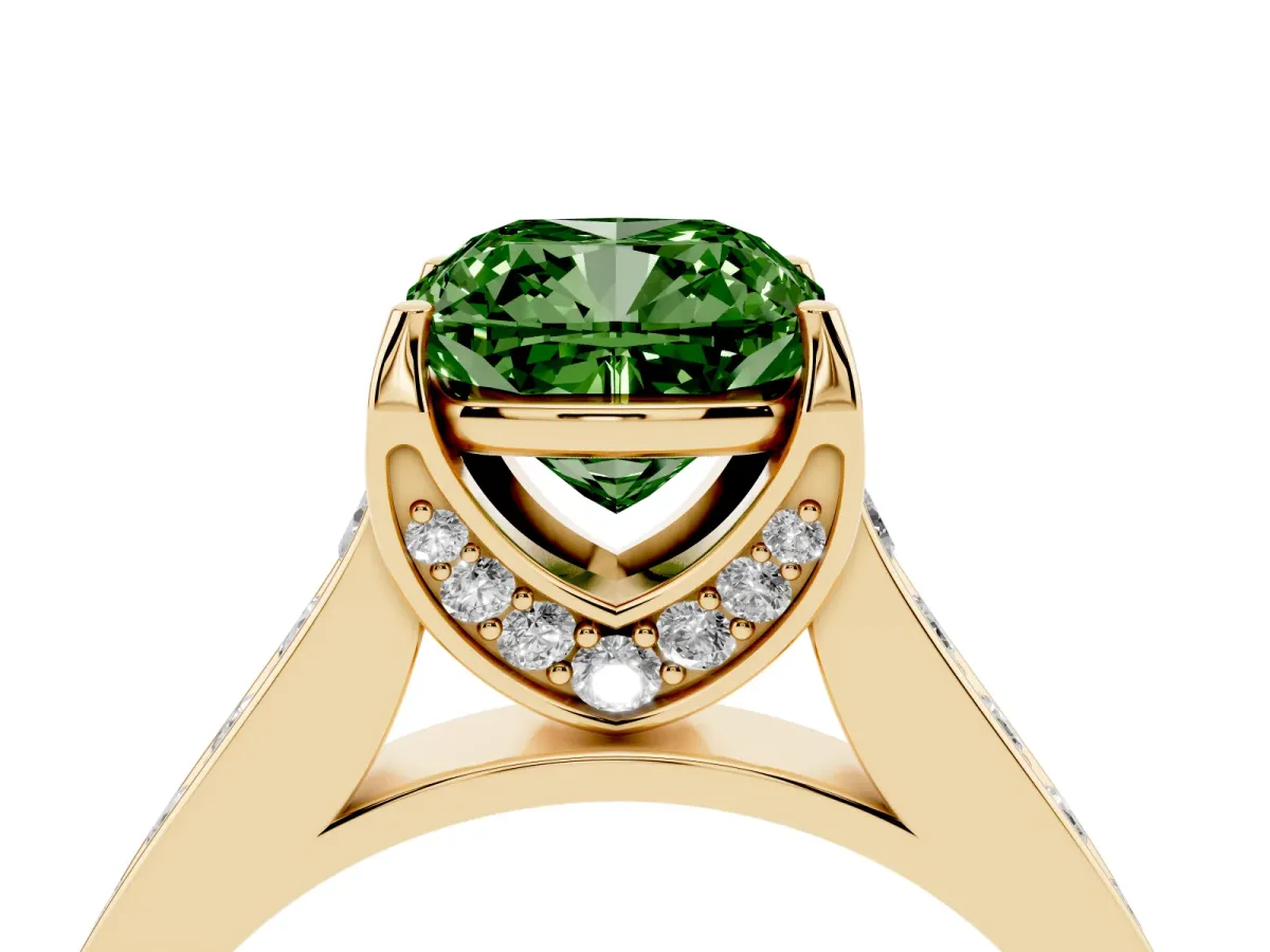 Fancy Green Cushion Cut Brilliant Cut Diamond Engagement Ring with Pavé Band and Four-Prong Setting Yellow gold