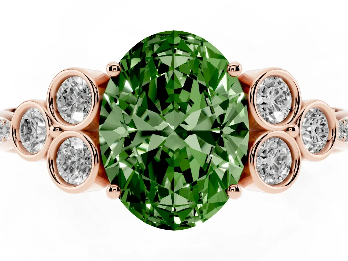 Fancy Green Oval Cut Cut Diamond Engagement Ring with Bezel Set Round Side Stones and Prong Setting Rose gold