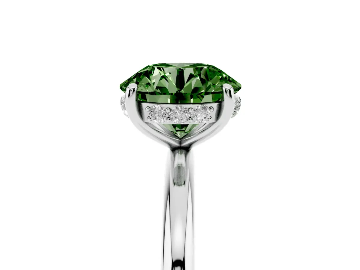 Fancy Green Round Cut Solitaire Diamond Ring with a Classic Band and Four-Prong Setting Silver