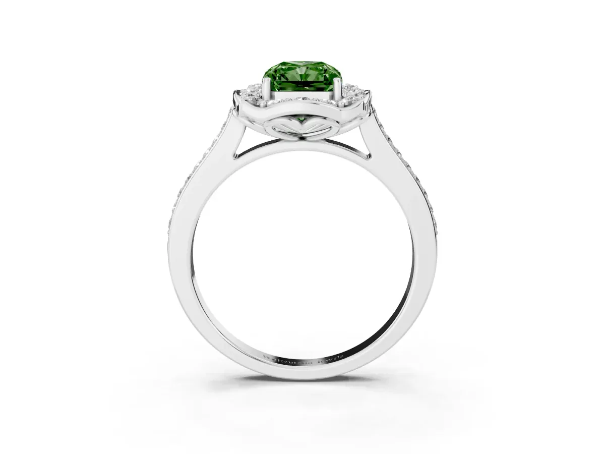 Fancy Green Radiant Cut Halo Round Diamond Pave Band with Four-Prong Setting Silver