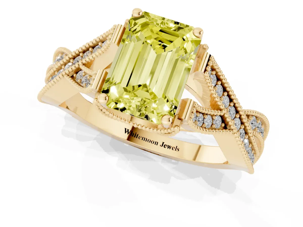 Fancy Yellow Emerald Cut Cut Diamond Twisted Band with Milgrain Pave Setting and Four-Prong Setting Yellow gold