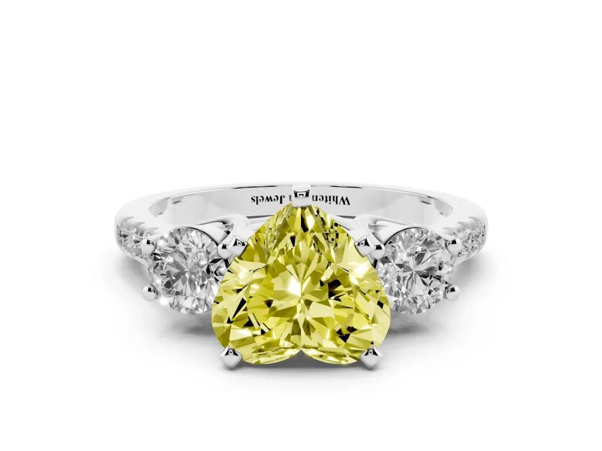 Fancy Yellow Three-Stone Heart Cut Diamond Pavé Band with Four-Prong Setting Silver