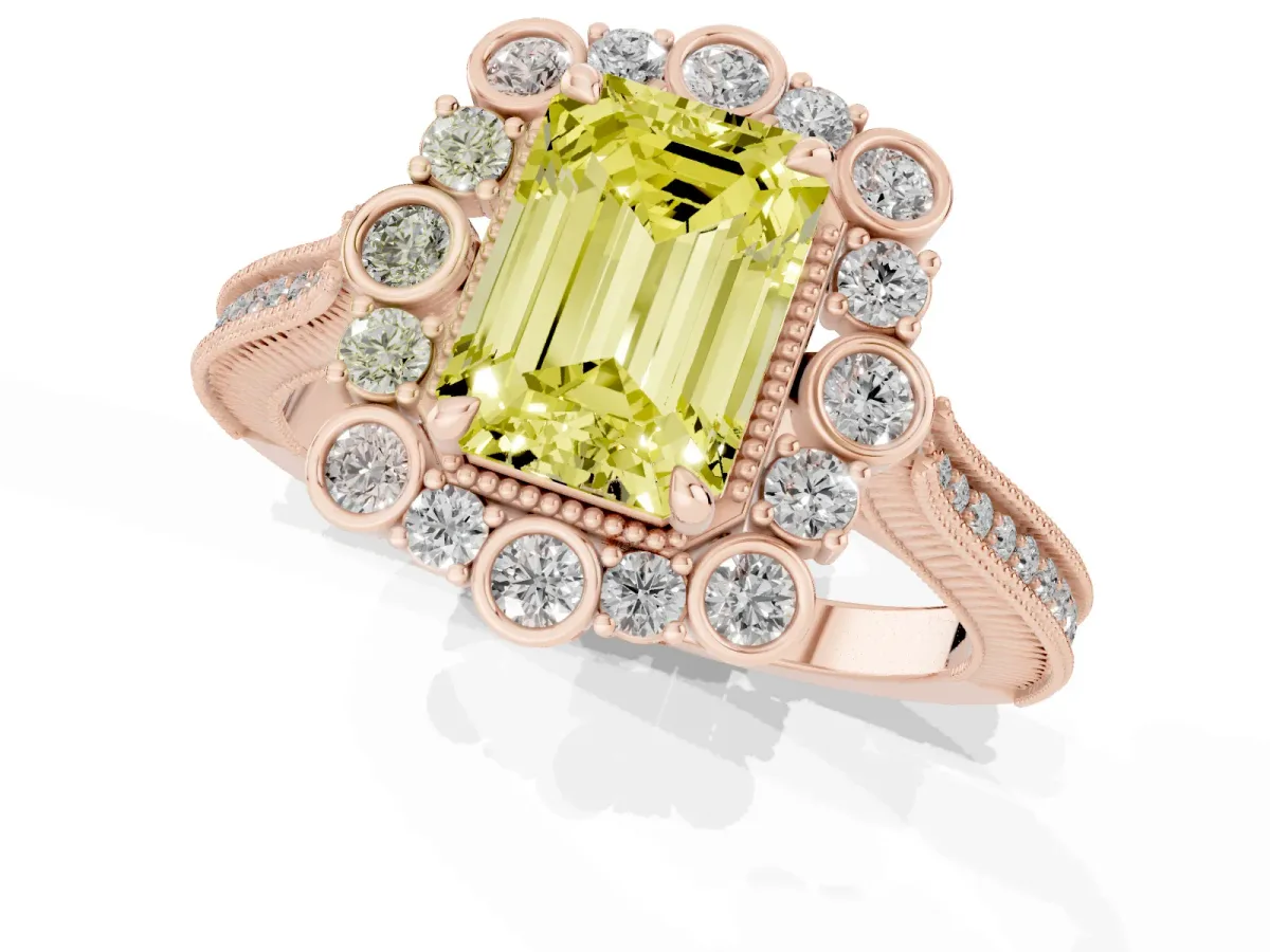 Fancy Yellow Emerald Cut Halo Milgrain Pave Diamond Ring with Four-Prong Setting Rose gold
