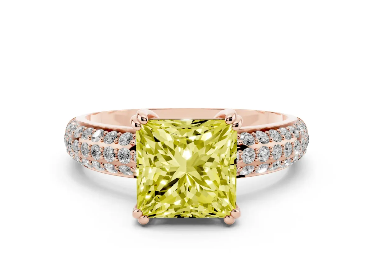 Fancy Yellow Princess Cut Diamond Solitaire Ring with Multi-Row Round Pavé Band and Prong Setting Rose gold