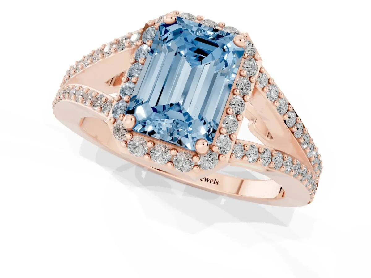 Fancy Blue Emerald Cut Halo Split Shank Diamond Ring with Prong Setting Rose gold