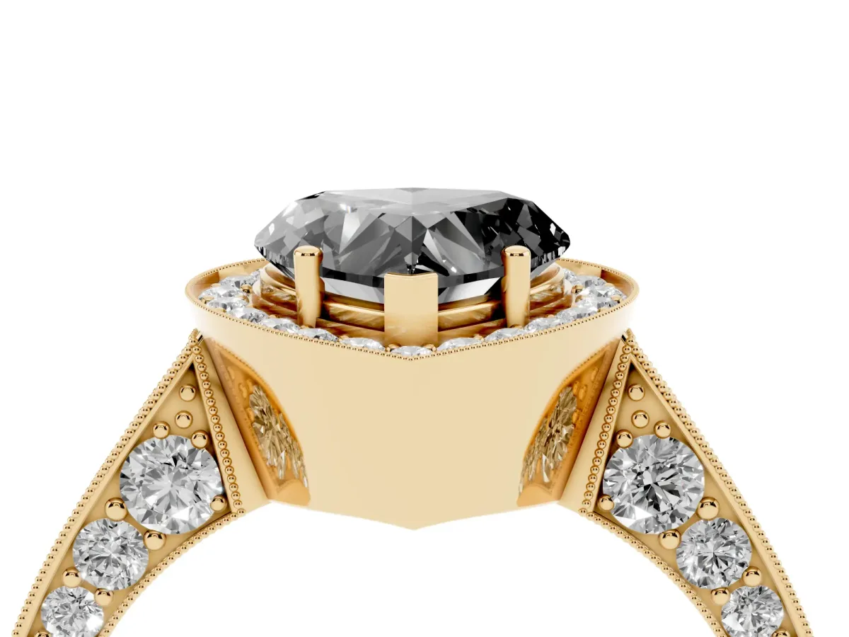 Fancy Black Heart Cut Halo Diamond Engagement Ring with Split Shank Band and Four-Prong Setting Yellow gold