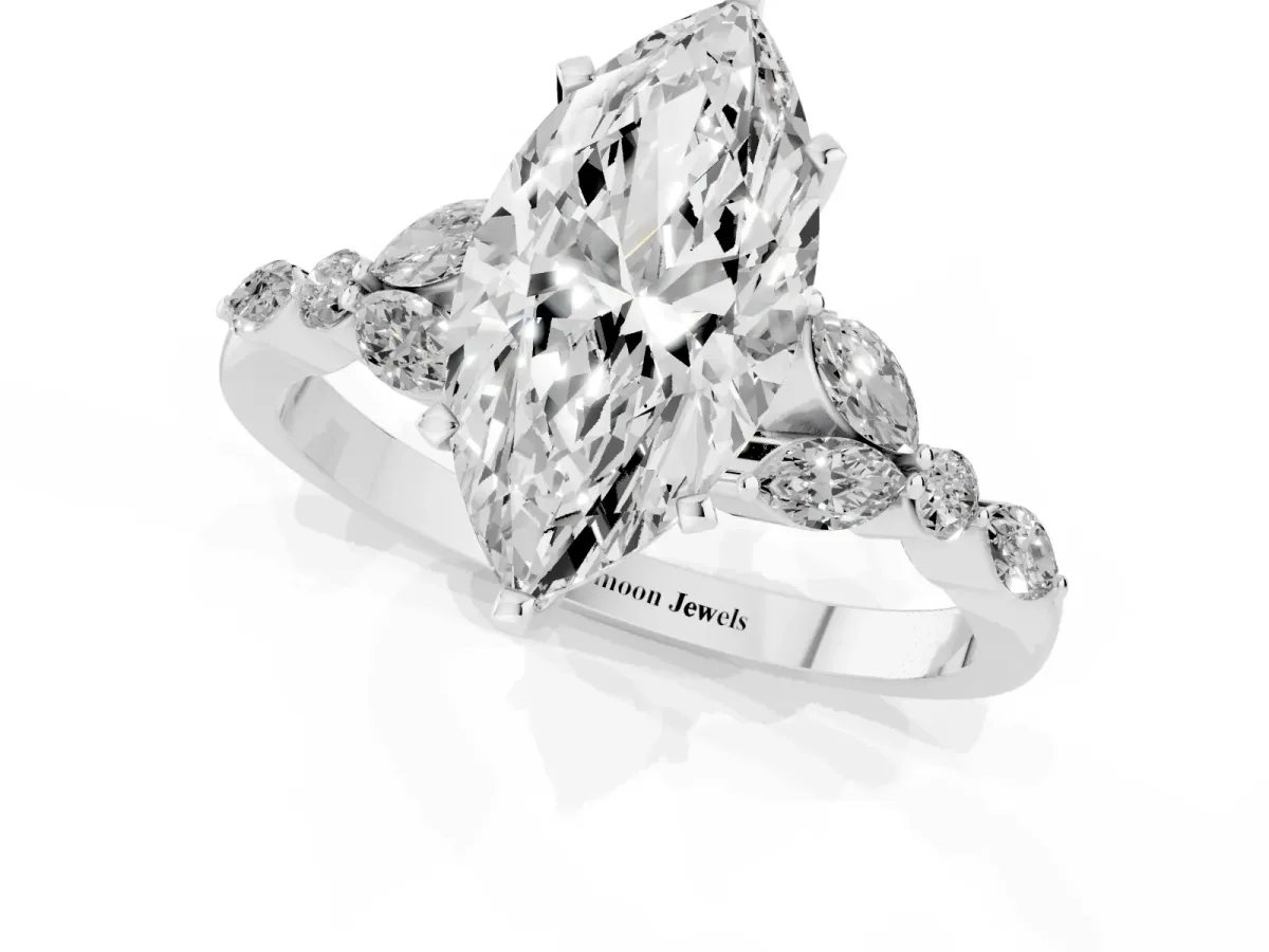 Marquise Cut Diamond Solitaire Ring with Side Stones and Four-Prong Setting Platinum