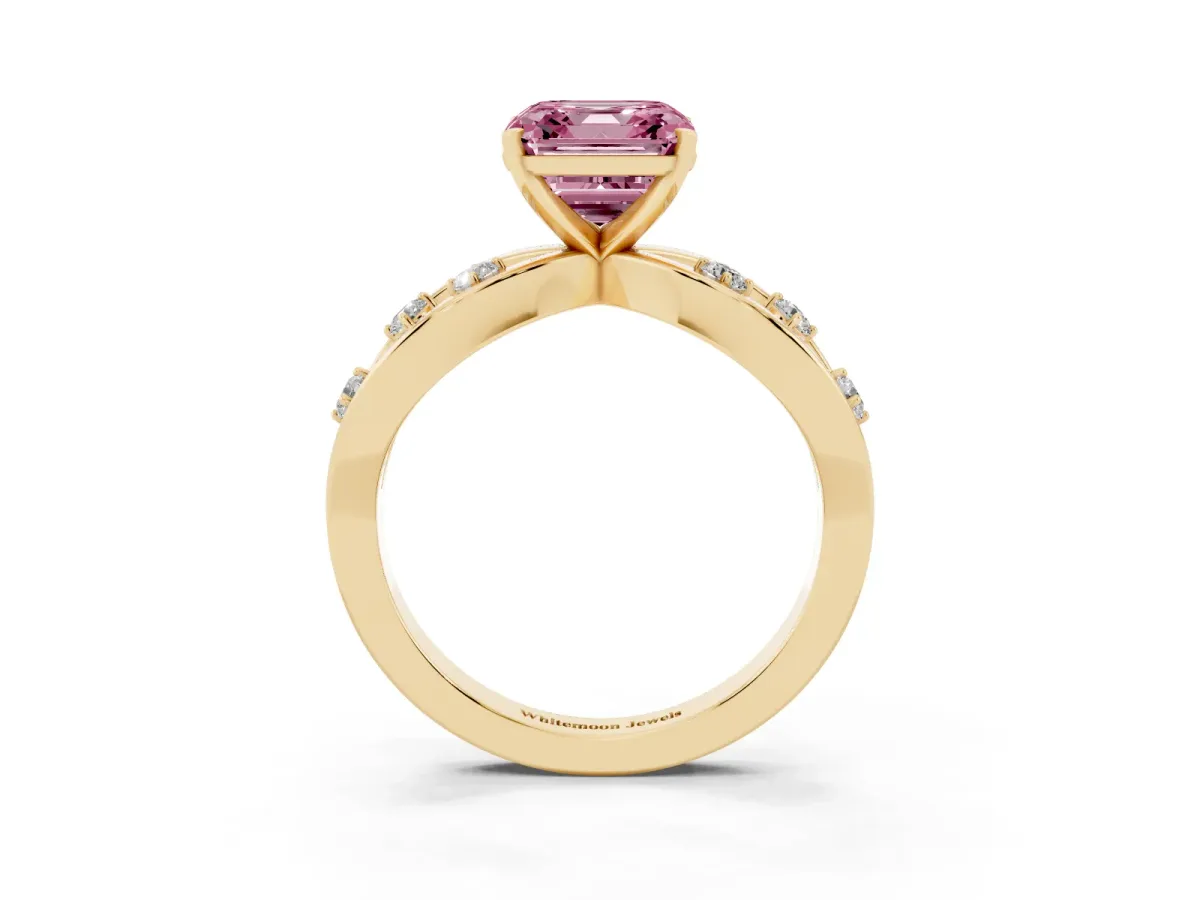 Fancy Pink Asscher Cut Cut Solitaire Diamond with Side Stones on Criss-Cross Band and Four-Prong Setting Yellow gold