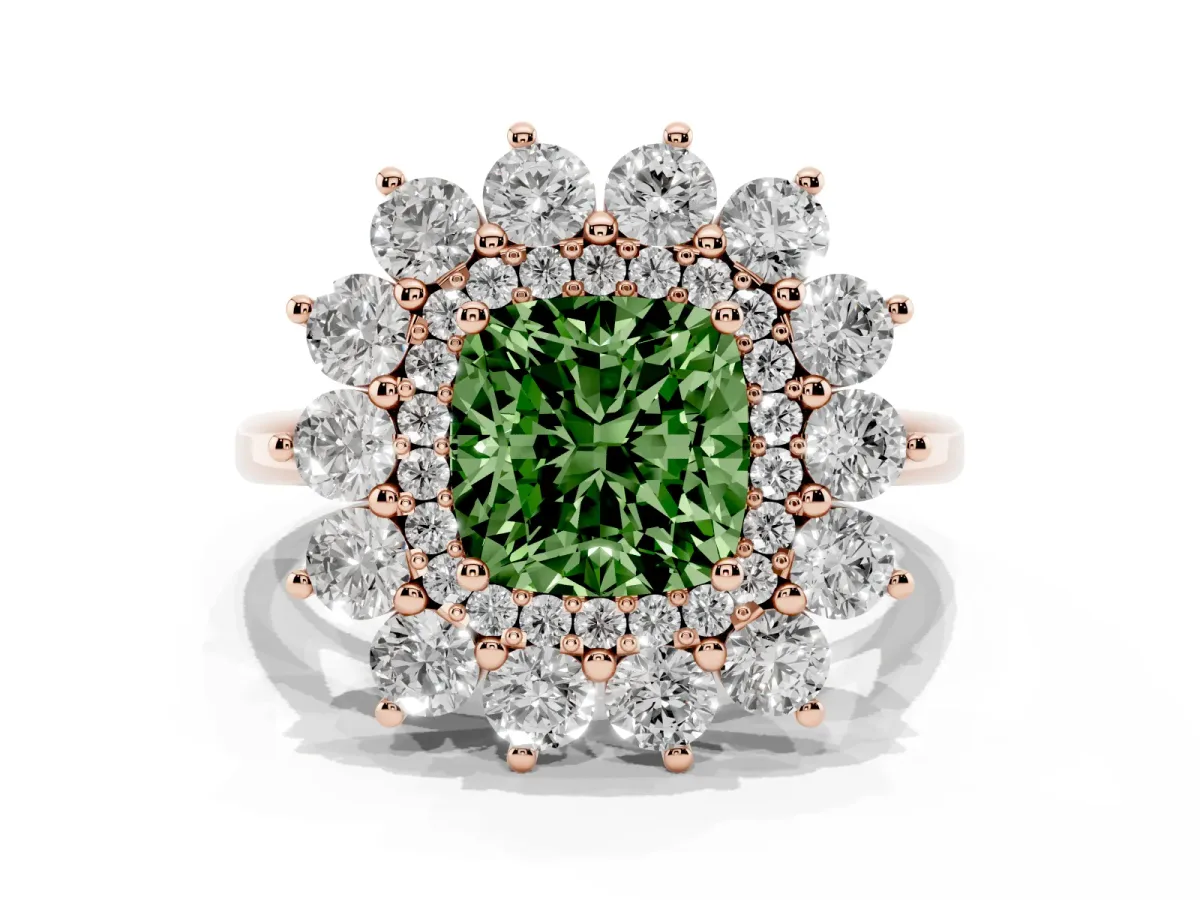 Fancy Green Cushion Cut Diamond Floral Double Halo Engagement Ring with Prong Setting Rose gold