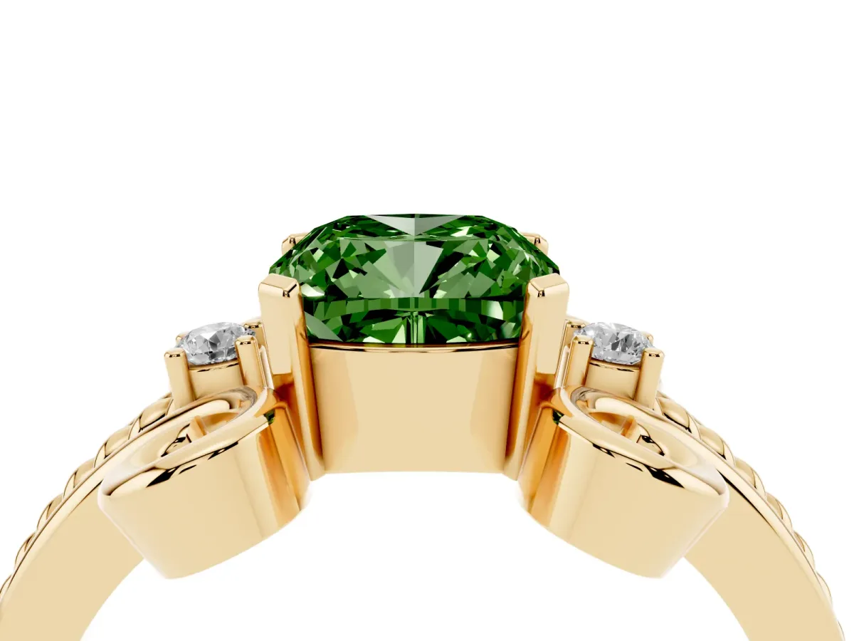 Fancy Green Cushion Cut Solitaire Twisted Band Scroll Prong Ring Yellow gold