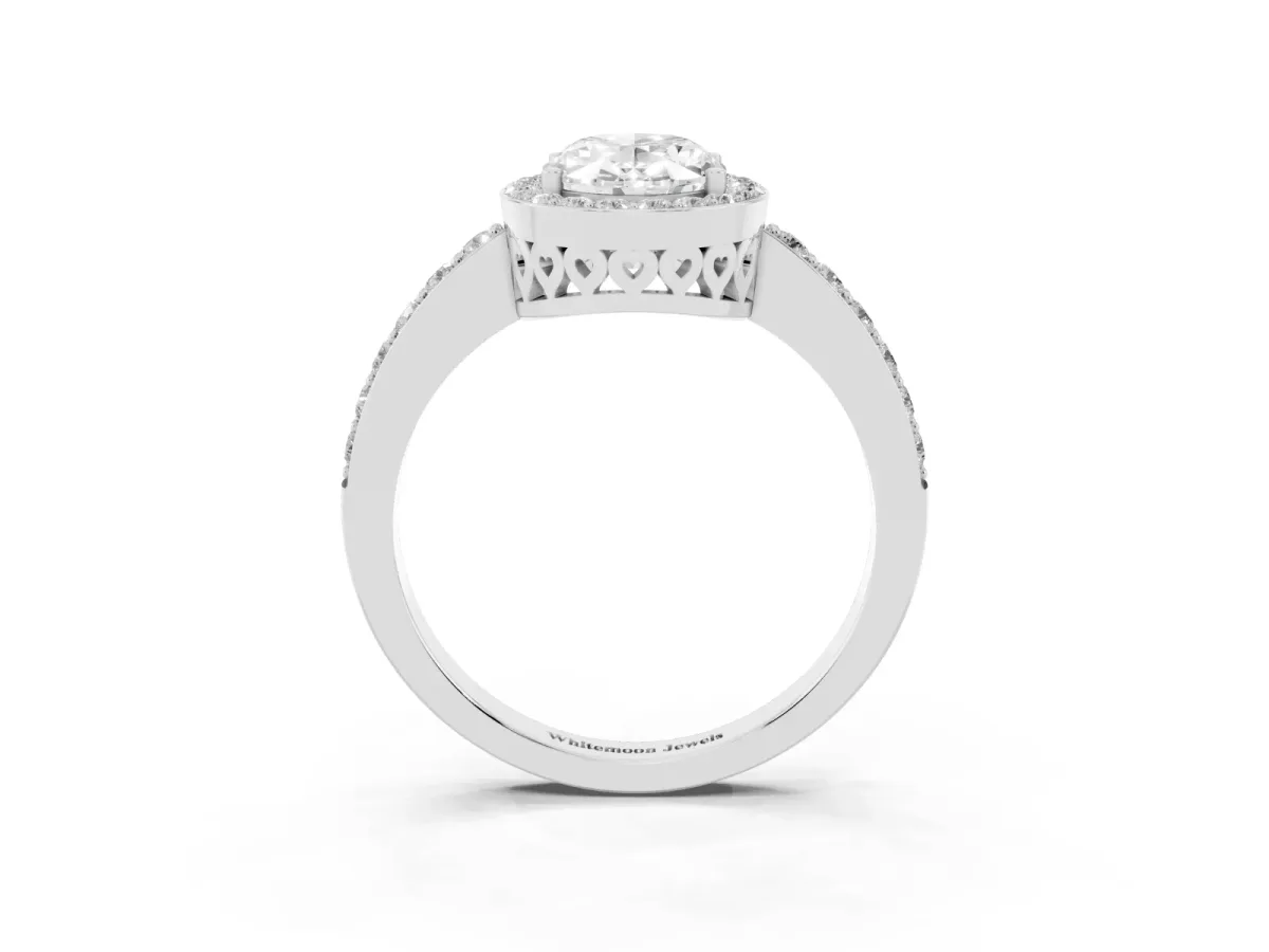 Oval Cut Halo Diamond Pavé Band Ring with Prong Setting Silver