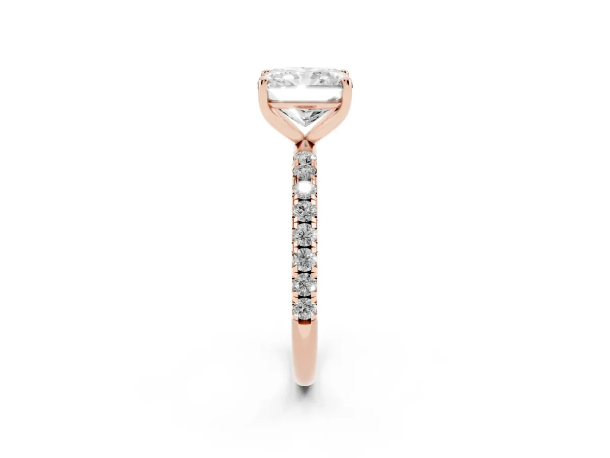 Radiant Cut Cut Diamond Solitaire Ring with Micro Pave Band and Four Prong Setting Rose gold