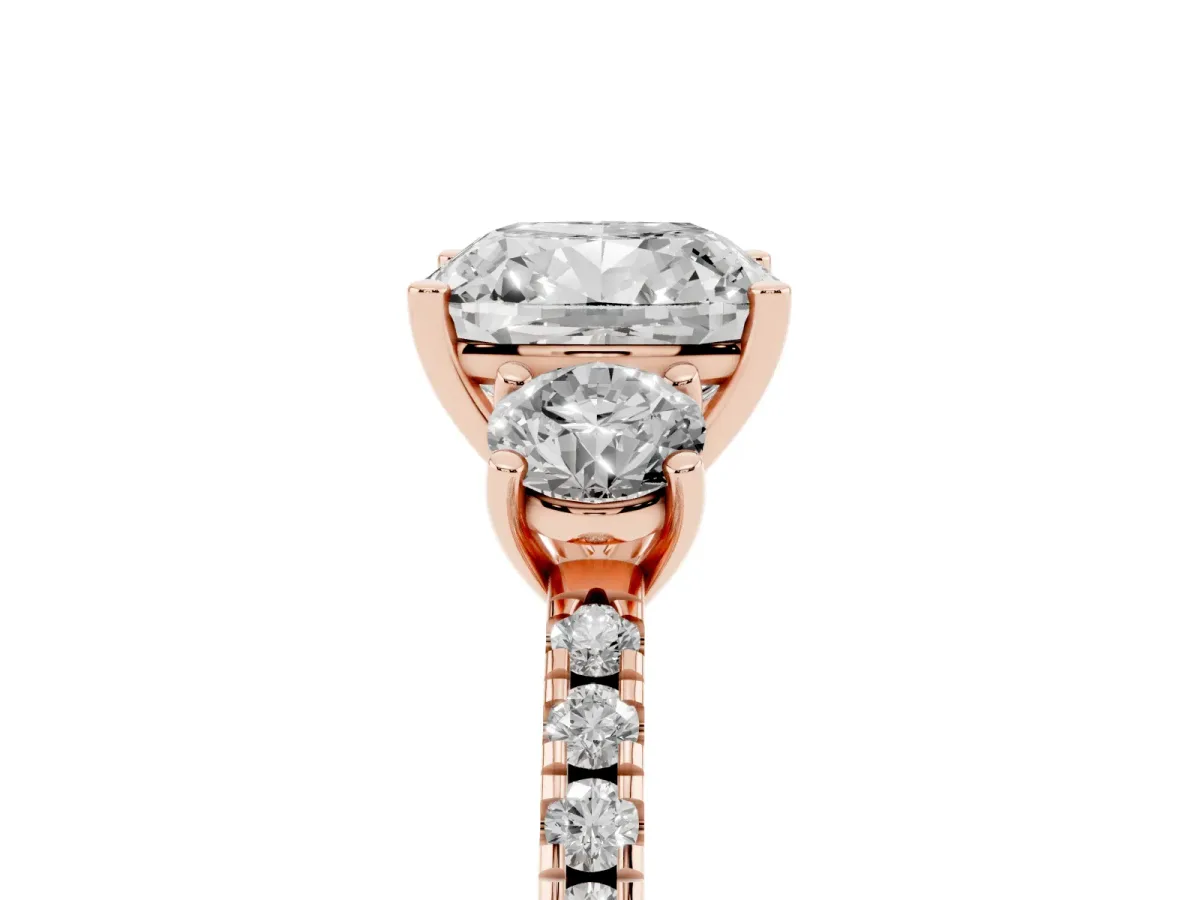 Three-Stone Cushion Cut Cut Diamond Pavé Band with Prong Setting Rose gold