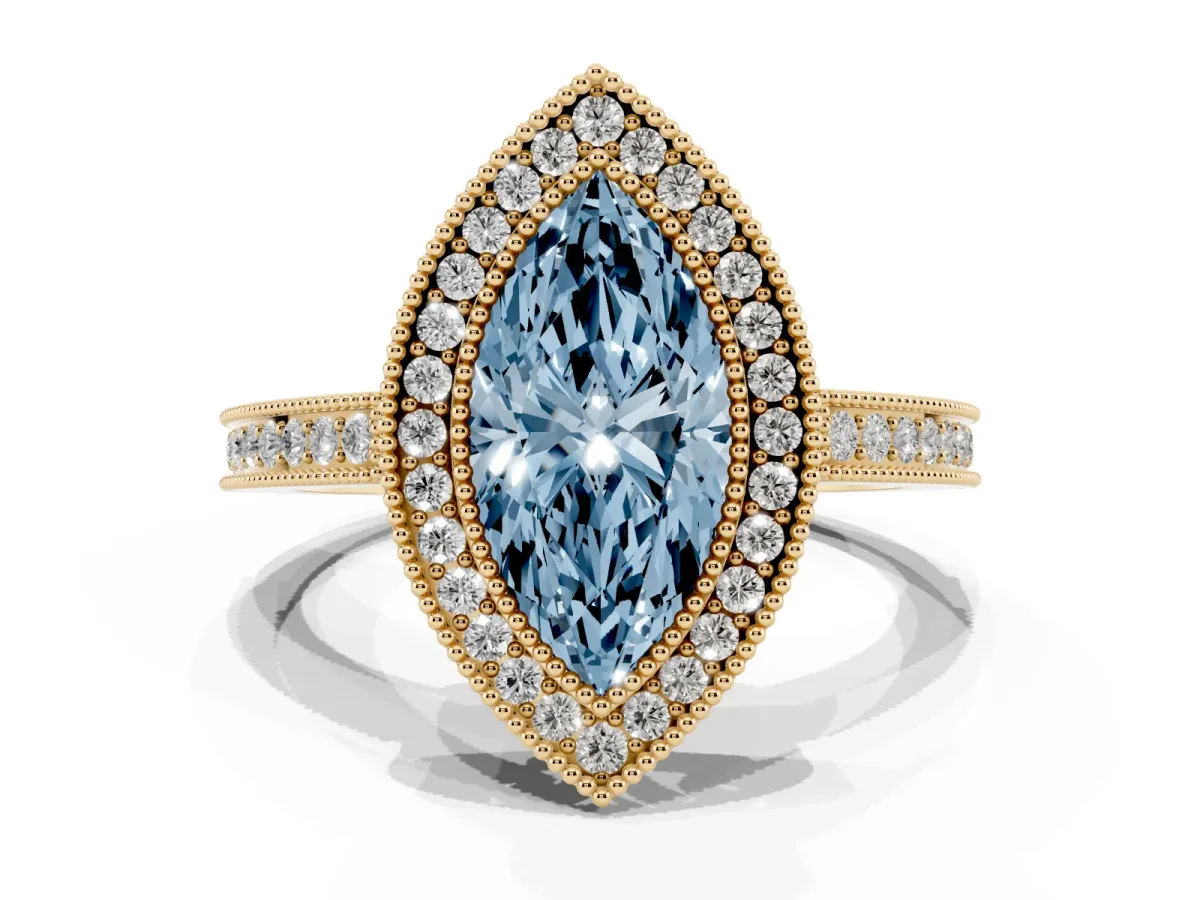 Fancy Blue Marquise Cut Cut Halo Diamond Ring with Pavé Band and Milgrain Prong Setting Yellow gold