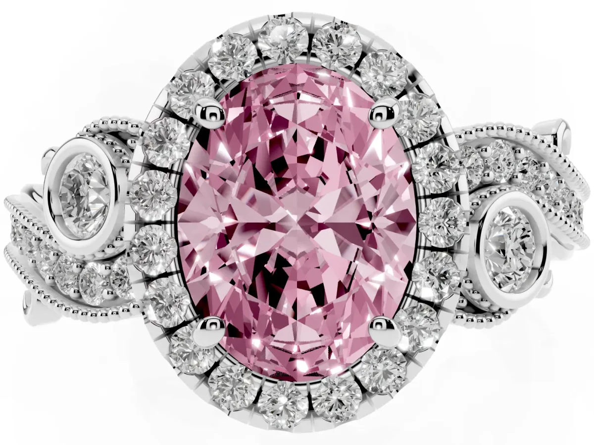Fancy Pink Oval Cut Halo Diamond Ring with Milgrain and Bezel Accents on a Split Shank Band Silver
