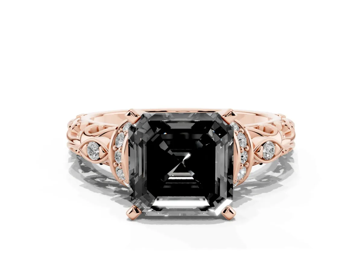 Fancy Black Asscher Cut Diamond Solitaire Ring with Filigree Band and Four-Prong Setting Rose gold