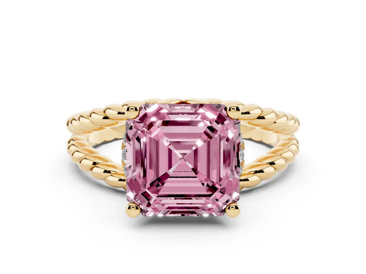 Fancy Pink Asscher Cut Halo Twisted Band Four-Prong Ring Yellow gold