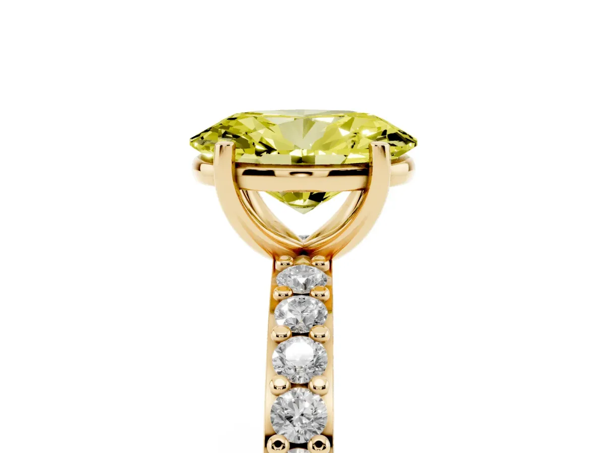 Fancy Yellow Oval Cut Cut Diamond Solitaire with Pave Band and Four-Prong Setting Yellow gold