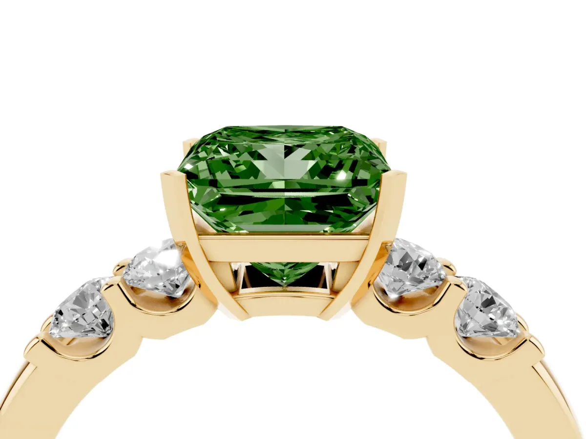 Fancy Green Princess Cut Brilliant Cut Diamond Five-Stone Prong Set Engagement Ring with Channel Band Yellow gold