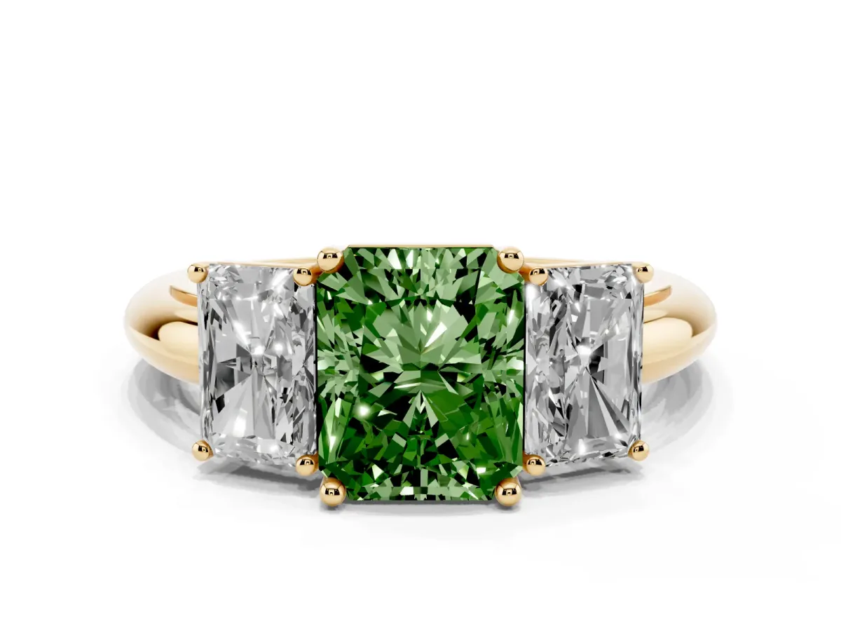 Fancy Green Three-Stone Radiant Cut Cut Diamond Engagement Ring with Prong Setting on a White Gold Band Yellow gold