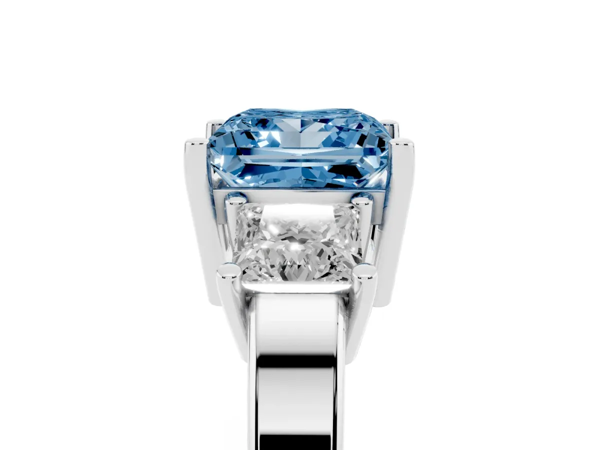 Fancy Blue Three-Stone Princess Cut Cut Solitaire Ring with Prong Setting White gold