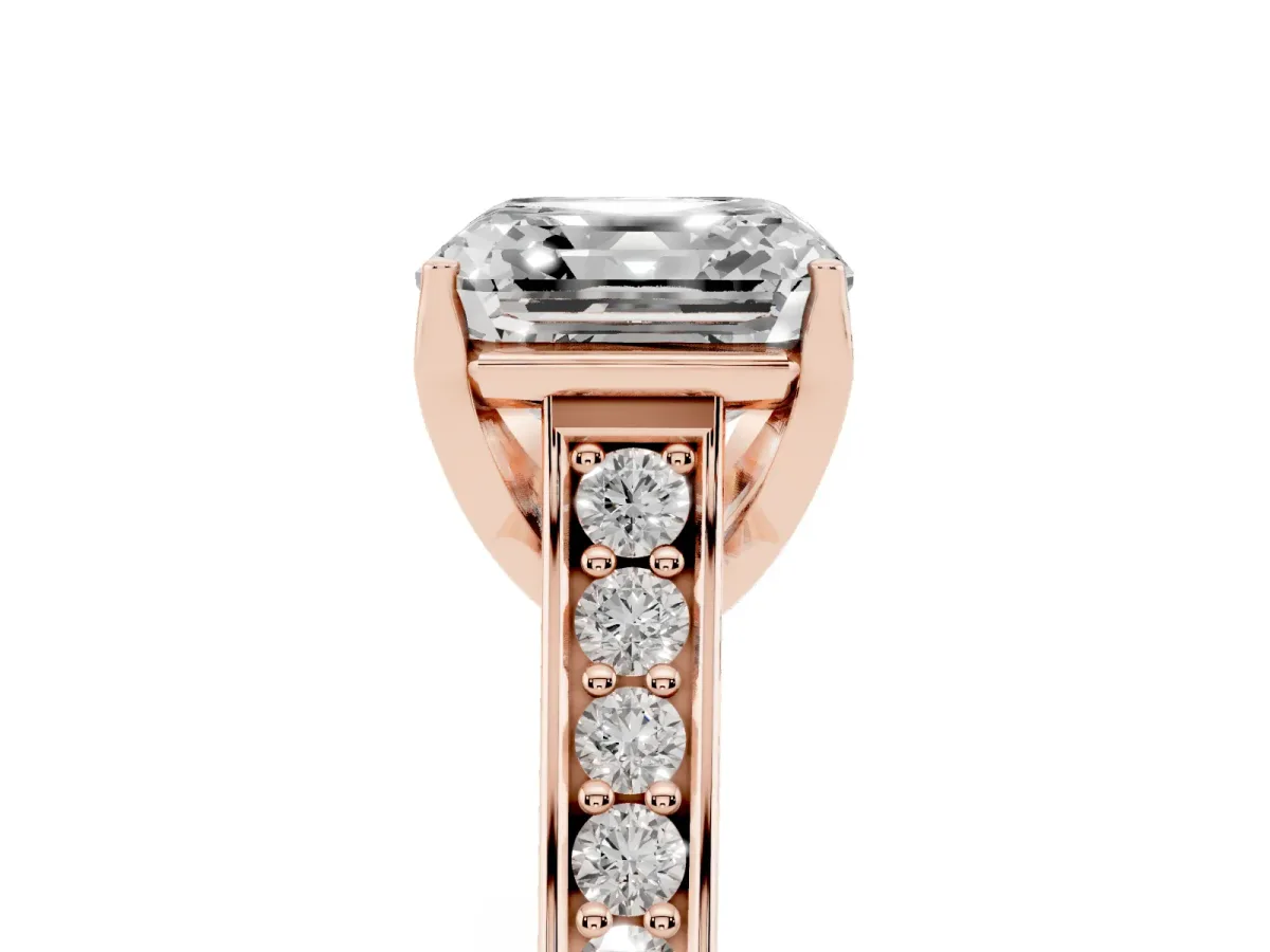Asscher Cut Brilliant Cut Diamond Engagement Ring with Pavé Band and Four-Prong Setting Rose gold